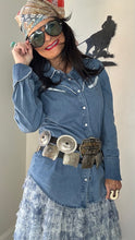 Denim Puff Sleeve Pearl Snap Blouse