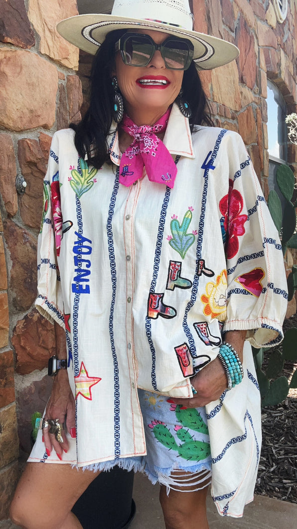 Amore Appliqué Linen Blouse