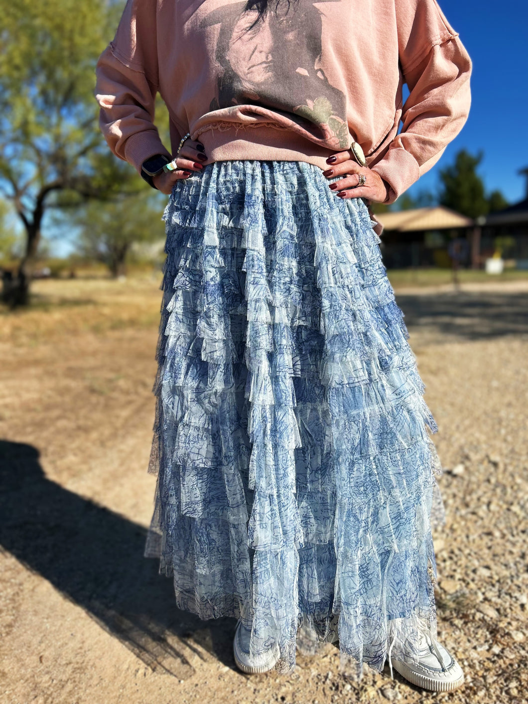 Tiered Ruffle Tulle Maxi Skirt