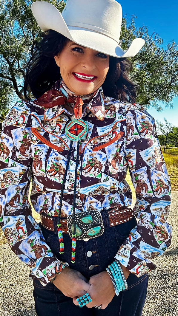 Howdy Hanny Cowboys Stamp Puff Sleeve Pearl Snap Blouse