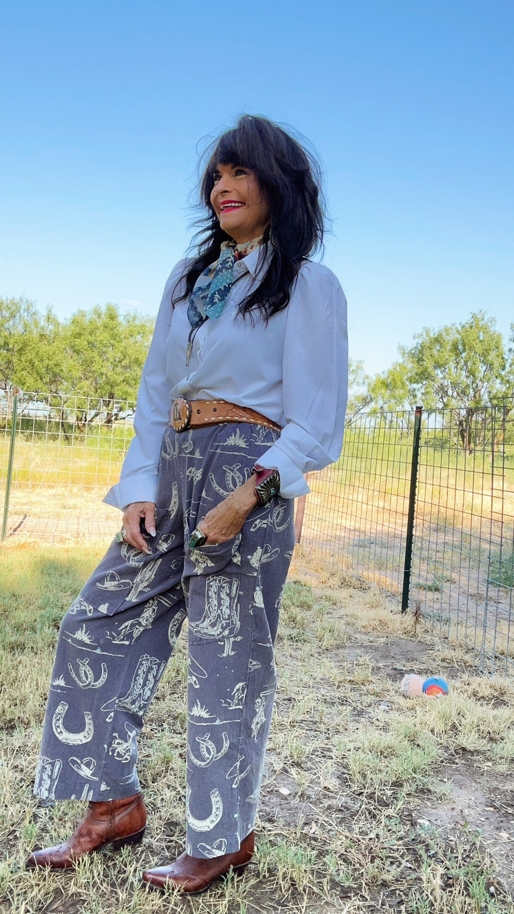 Western Print Wide Leg Pants