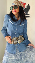 Denim Puff Sleeve Pearl Snap Blouse