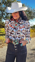 Howdy Hanny Cowboys Stamp Puff Sleeve Pearl Snap Blouse