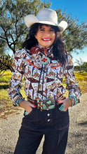 Howdy Hanny Cowboys Stamp Puff Sleeve Pearl Snap Blouse