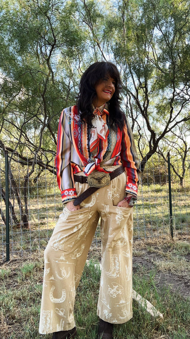 Western Print Wide Leg Pants