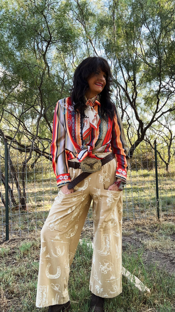Western Print Wide Leg Pants