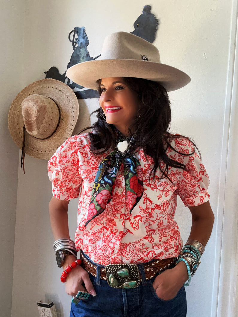 Howdy Hanny Red Floral Horse Blouse