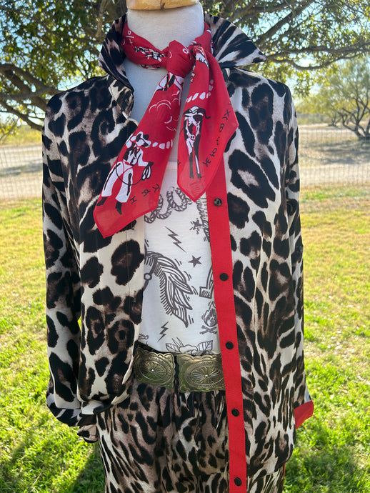 Lulu Leopard Button Up with Red Detail